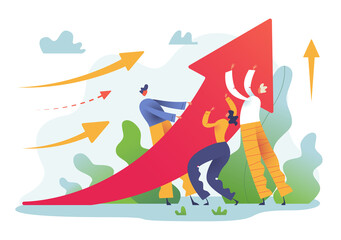 Cartoon business team holding up arrow. Strategy concept, high level of work. Vector illustration.