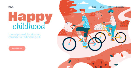 Happy childhood website template with family cycling together in park, flat vector illustration. Family activities and joint recreation of parents with children.