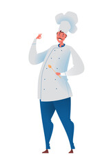 Cartoon chef standing with spoon isolated on white background. Vector illustration with people and their professions.