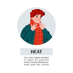 The young man is suffering from cold and flu symptoms - heat and fever. A card or poster with inscription and place for text. Flat vector illustration