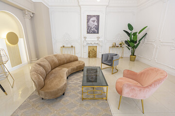 chic luxury interior in an old antique style open-plan apartment decorated with columns and stucco...