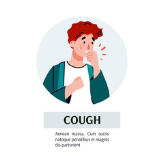 Man with cough symptom, medical poster template of cartoon person coughing into his hand. Sick guy with cold or virus illness sign, vector illustration.