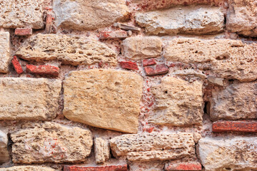 Weathered antique wall, byzantine ancient brick masonry, horizontal grunge background, the Black Sea coast of Bulgaria