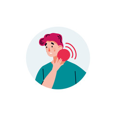 Man with sore throat pain touching red pulsating dot spot on his neck. Cartoon person with sickness symptom applying pressure on hurting body part, vector illustration.