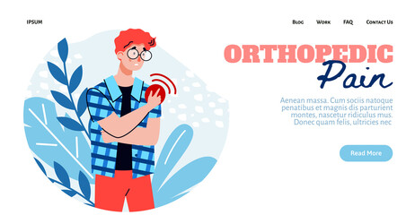 Website template with orthopedic pain header and man suffering from pain in shoulder joint, flat cartoon vector illustration. Medical joint pain relief and treatment.