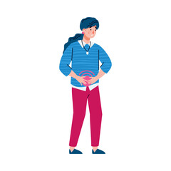 Woman with period pain or stomach ache holding her abdomen with pulsating red point spot. Cartoon person with menstrual cramp, isolated vector illustration.