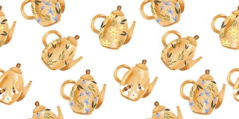 Watercolor seamless pattern of cute teapot  with flowers isolated on white background for invitations, greeting cards, business card. Watercolor kettle, tea time.