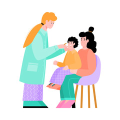 Mother and baby boy visit the pediatrician. The family doctor conducts a medical examination of the child. Flat cartoon vector illustration isolated on a white background
