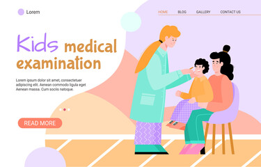 Kids medical examination web banner with mother and child at reception at the pediatrician, flat cartoon vector illustration. Podiatry and childrens healthcare.