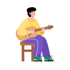 Guitarist musician male cartoon character sitting on chair with a guitar, flat vector illustration isolated on white background. Young man playing the guitar.