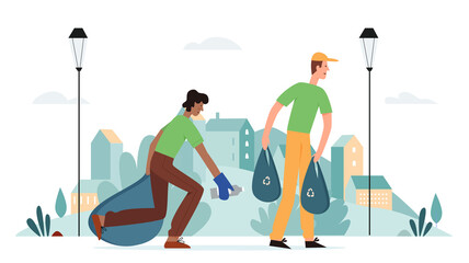 Clean city vector illustration. Cartoon flat happy man cleaner characters working in urban cityscape, keep cleanliness of city environment and pick up litter trash garbage in bag isolated on white