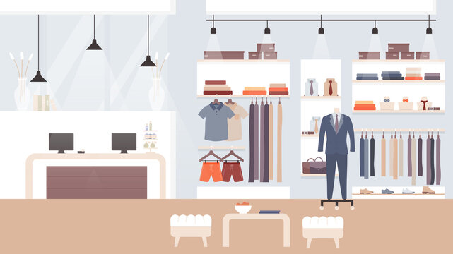 Male fashion store, clothing shop vector illustration. Cartoon flat empty showroom interior with trendy fashionable man clothes for sale on shelves and mannequins, indoor fashion boutique background