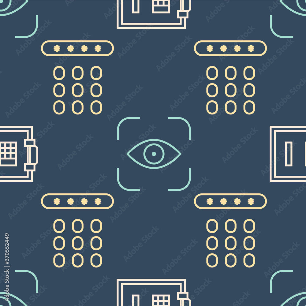 Poster set line safe, password protection and eye scan on seamless pattern. vector.