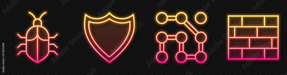 Poster set line graphic password protection, system bug concept, shield and bricks. glowing neon icon. vect