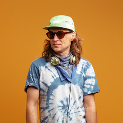 Studio portrait of a young man with long hairs in a green cap and headphones. Yellow background. Musician DJ