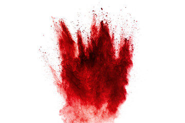Red dust particles explosion on white background.Red sand splash.