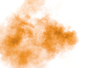 Brown powder dust cloud.Brown particles splattered on white background.