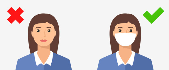 Young woman with and without medical face mask. Warning banner