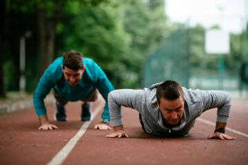 Young men exercising on a race track. Two young friends training outdoors...