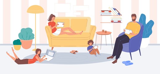 Family member character surfing internet using portable electronics. Mother, father, children online pastime at home. Adults, kids social media networks users. Digital technology addiction problem