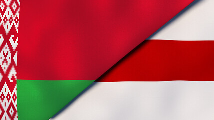 The two flags of Belarus. Official flag and flag of protesters. Belarus election