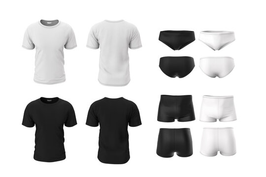 Underpants, shorts and t-shirt. Men's tight underwear. Set of black and white 3d realistic illustration of the template, mock up isolated on a white background.