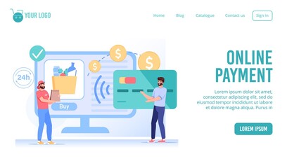 Easy online payment for food or grocery e-order, fast delivery service landing page. Customer pay with credit card using wireless cashless technology for money transfer. Internet shopping, e-commerce