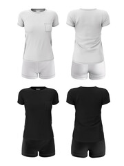 Women's sportswear in black and white, front and back view. T-shirt and shorts. Sports uniform. 3d realistic illustration of the template, mock up isolated on a white background.