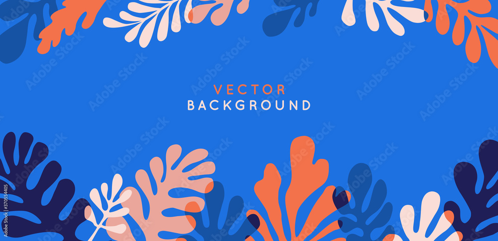 Poster Vector set of abstract floral backgrounds with copy space for text in red and blue colors with effect of overprinting. Banners and templates with leaves and plants for posters,  cover designs