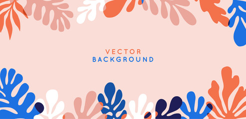 Vector set of abstract floral backgrounds with copy space for text in red and blue colors with effect of overprinting. Banners and templates with leaves and plants for posters,  cover designs