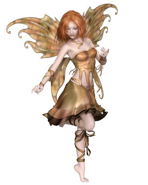 Fantasy illustration of a cute and pretty fairy with auburn hair, orange dress and wings, 3d digitally rendered illustration