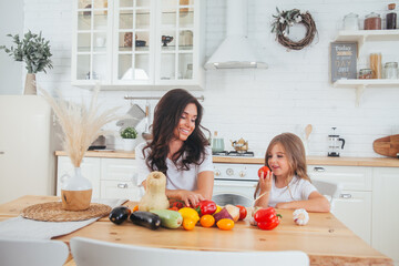 Happy family mother and child posing at home. Beautiful young mom and little daughter having fun and preparing vegetables for salad in a white kitchen in a Scandinavian style interior. Healthy food.