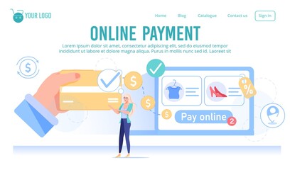 Fototapeta na wymiar Online shopping service with cashless payment system. Internet clothing boutique market. Shop assistant getting money from customer credit card by wireless technology. Landing page design