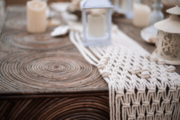 Decorate interior on an open terrace overlooking the city. In maracans, Indian, eco style in sand...