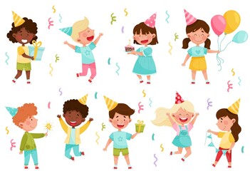 Kid Characters in Birthday Hat at a Party Holding Gift Boxes and Balloons Vector Illustration Set