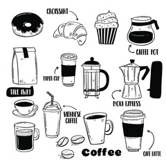 Vector hand drawn coffee set. Sketch collection