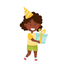 African American Girl Character in Birthday Hat Carrying Gift Box for Party Vector Illustration