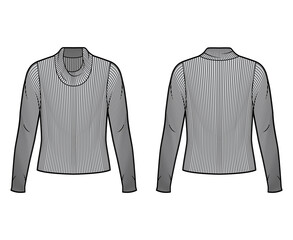 Ribbed cowl turtleneck knit sweater technical fashion illustration with long sleeves, oversized body. Flat sweater apparel template front back grey color. Women men unisex shirt top CAD mockup