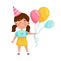 Girl Character in Birthday Hat Carrying Bunch of Balloons Vector Illustration