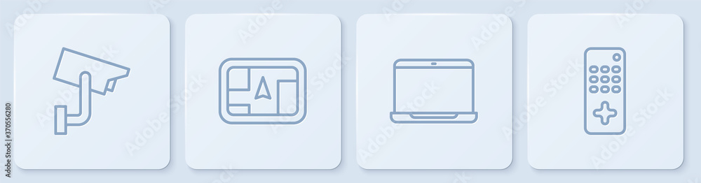 Poster set line security camera, laptop, gps device with map and remote control. white square button. vecto