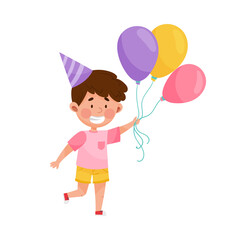 Boy Character in Birthday Hat Carrying Bunch of Balloons Vector Illustration