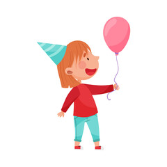 Girl Character in Birthday Hat Carrying Balloon Vector Illustration