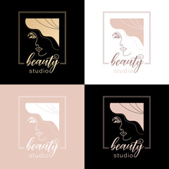 Vector abstract logo set for beauty salon, hair salon, cosmetics, care. Icon template design of young beautiful woman with long groomed hair. Female beauty sign in pastel colors. Vector illustration.