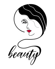 Vector abstract logo for beauty salon, hair salon, cosmetics, care. Icon template design of young beautiful woman with long groomed hair. Female beauty sign in pastel colors. Vector illustration.