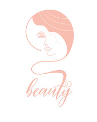 Vector abstract logo for beauty salon, hair salon, cosmetics, care. Icon template design of young beautiful woman with long groomed hair. Female beauty sign in pastel colors. Vector illustration.