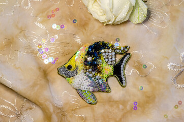 Tropical yellow fish with black and silver beads and sequins, handmade brooch