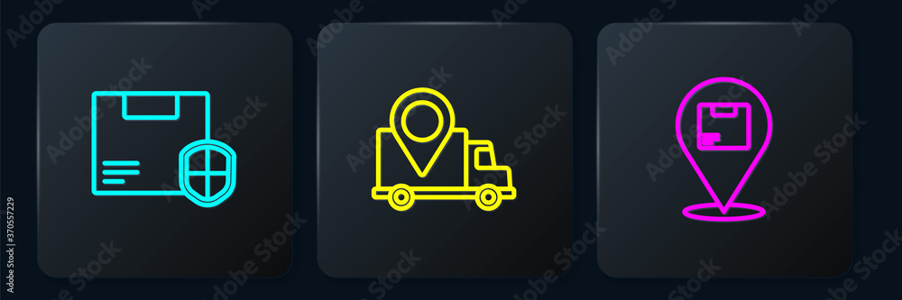Poster set line delivery security with shield, location cardboard box and tracking. black square button. ve