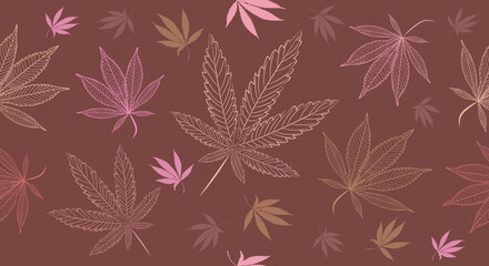 Fototapeta na wymiar Vector Seamless Medical Cannabis Pattern in Neutral, Earth Tones. Modern Cannabis Leaves Illustration for Background, Packaging Design, Banners, Posters. Hand Drawn Silhouttes of Weed Leaves.