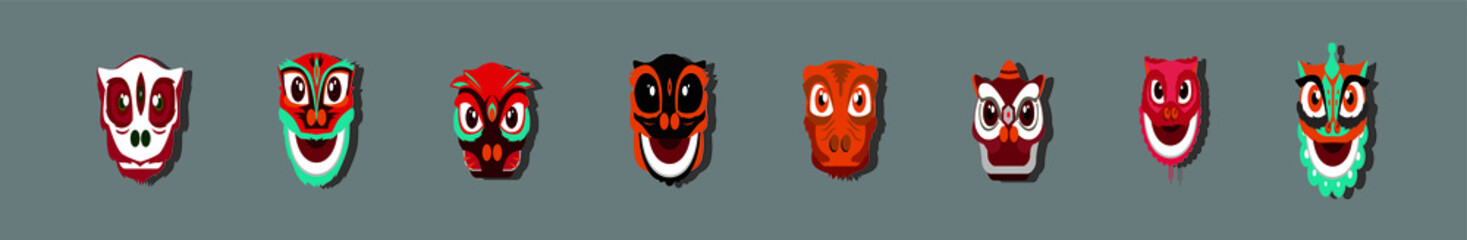 Chinese lion head dance for happy Chinese New Yea festival with various models. isolated vector on blue background