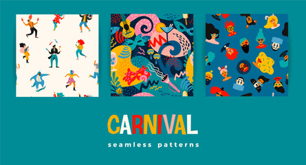 Vector seamless patterns with funny dancing men and women in bright modern costumes, carnival objects and abstract shapes.